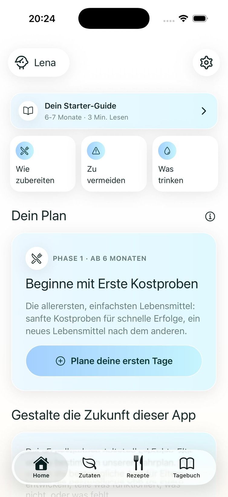 Screenshot showing the Starting Solids app main interface with meal tracking and food recommendations